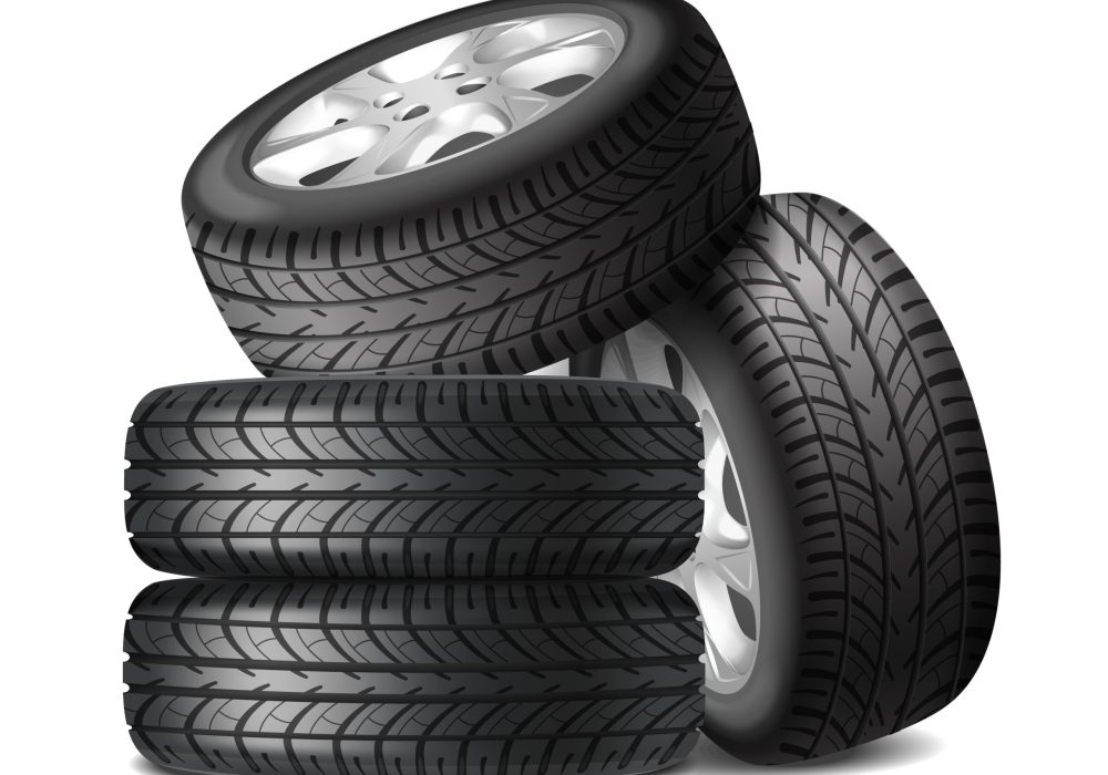 Complete set of car wheels with alloy rims and new tires realistic composition vector illustration